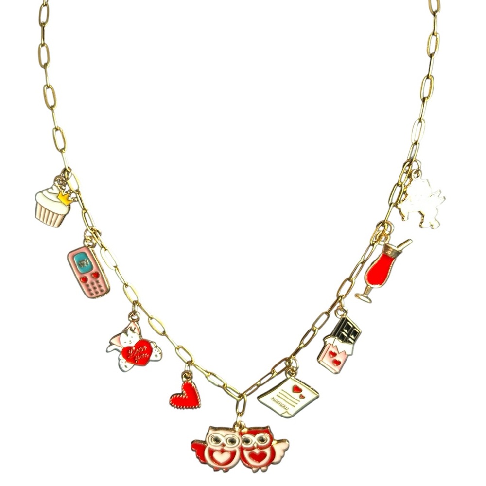 Coquette Valentine Charm Necklace Y2K Love Jewelry Gold Paperclip Chain Giftable - Picture 2 of 5